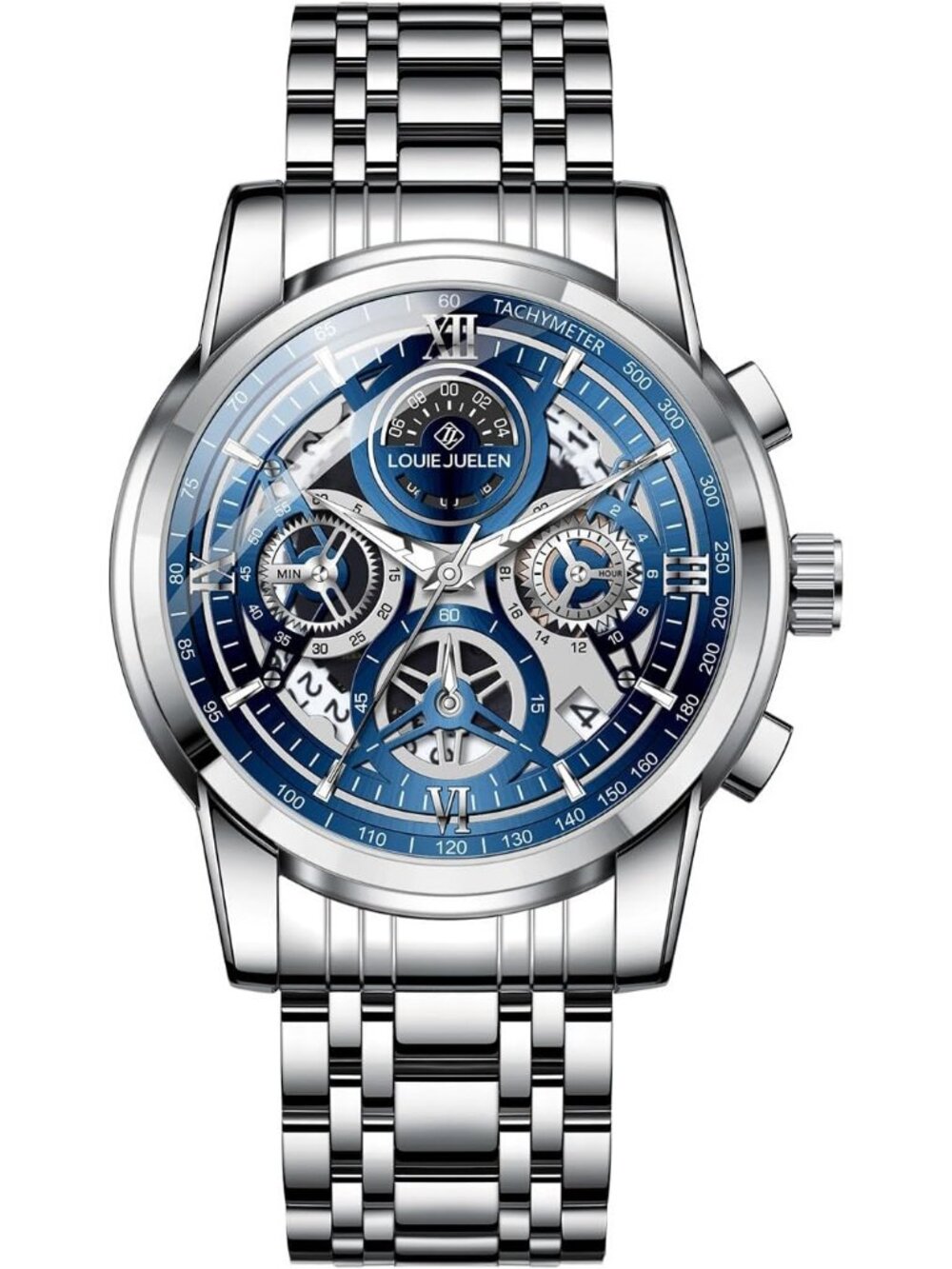 Men's Silver Blue Chronograph Quartz Analog Stainless Steel Waterproof Watch